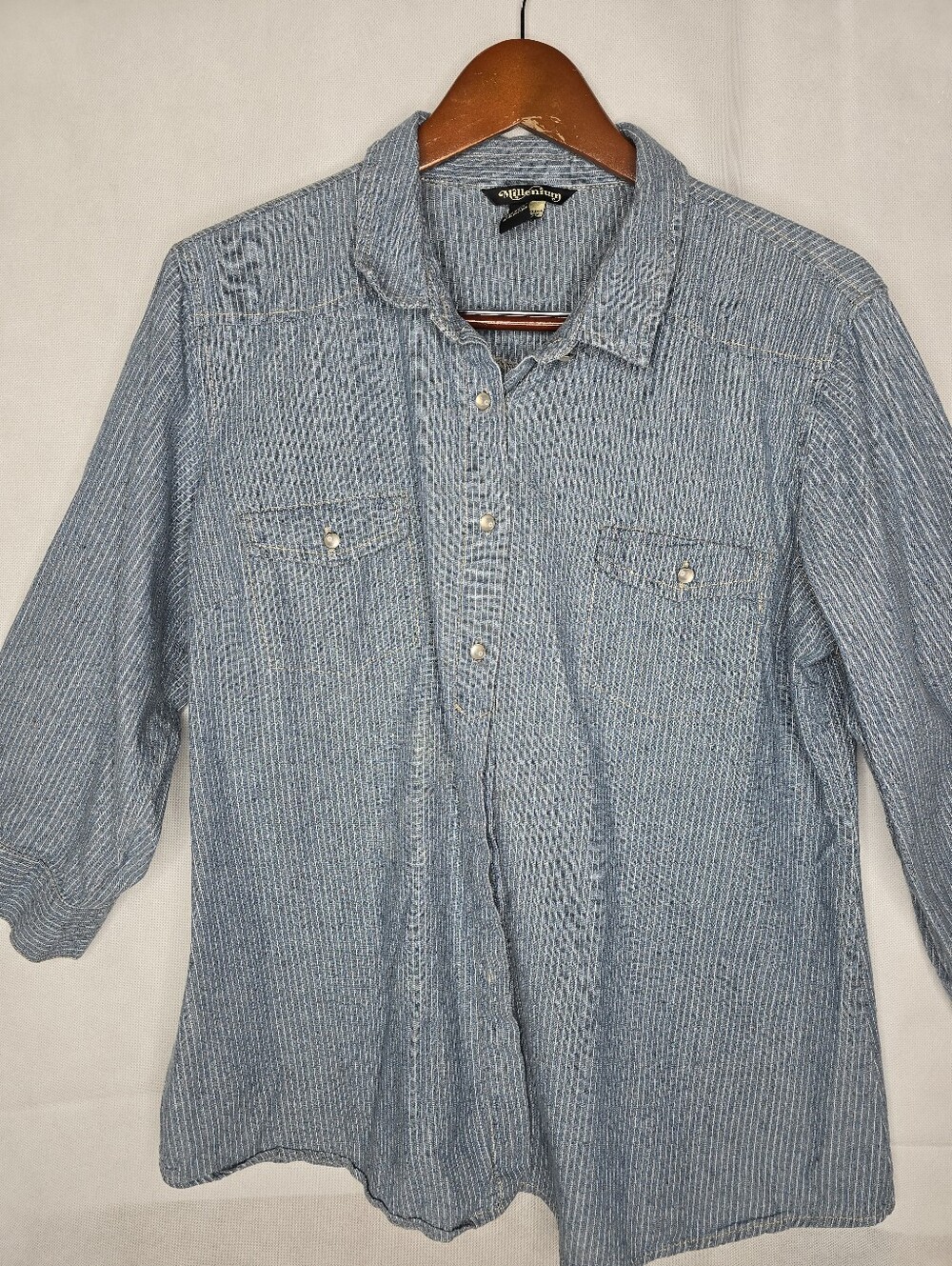 Millenium Western Shirt Blue White Pinstripe Pearl Button Front 3/4 Sleeve XL
